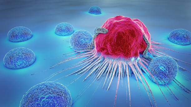ilustración 3d de una célula cancerosa y de linfocitos - tumor fotografías e imágenes de stock