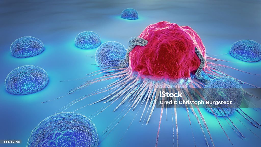 3D illustration d’une cellule cancéreuse et les lymphocytes - Photo de Cancer libre de droits