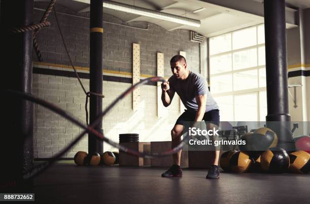 Man With Battle Ropes In Gym Stock Photo - Download Image Now - Rope, Battle, Men