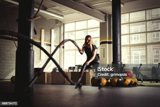 Woman With Battle Ropes In Gym Stock Photo - Download Image Now - Abdominal Muscle, Active Lifestyle, Adult