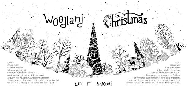 Vector woodland Christmas background. Black contours of forest animals in hats and scarfs. Santa Claus with big sack full of gifts. Cute fox, deer and others. Can be used to colouring book for adults. background of a owl black and white stock illustrations