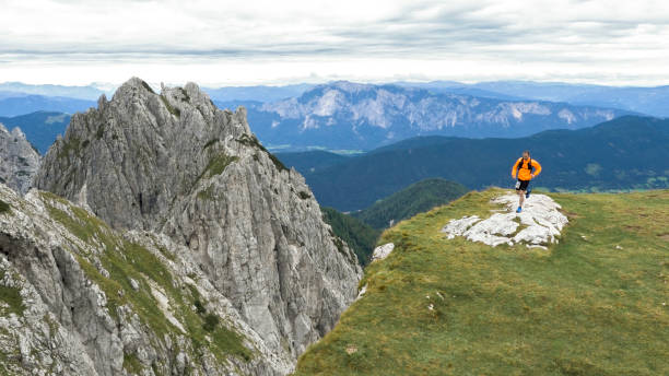 istock Male runner running up hill on meadow high in mountains 888739252