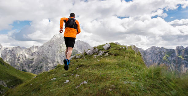 istock Male runner running up mountain ridge in high mountain range 888739354