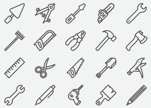 ikony linii narzędzi - piła elektryczna stock illustrations