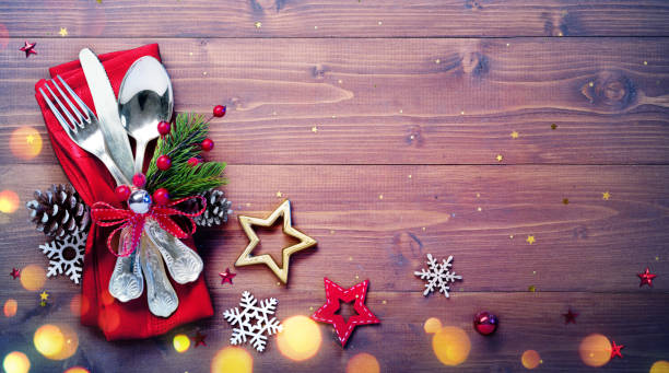 Vintage Silverware With Empty Table And Christmas Decoration