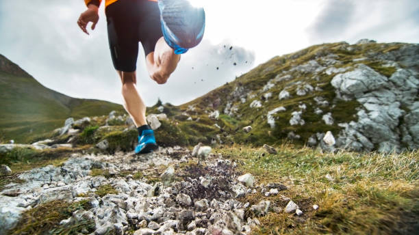 istock Male runner running across meadow high in mountains 888755772