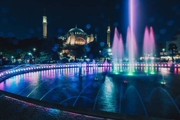 View of Hagia Sophia with fountain in the foreground, Sultanahmet Park View of Hagia Sophia with fountain in the foreground, Sultanahmet Park during Ramadan Month.ISTANBUL,TURKEY-JUNE 11,2017 azan stock pictures, royalty-free photos & images