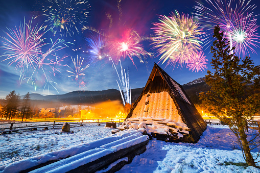 New Years firework display in Tatra mountains, Zakopane