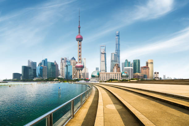 istock Empty square floor and with cityscape and skyline at sunset in Shanghai,China 888763902