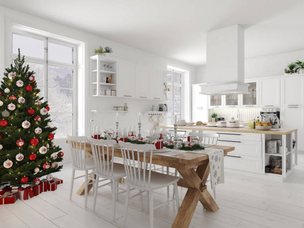 istock nordic kitchen with christmas decoration by day. 3d rendering 888764060