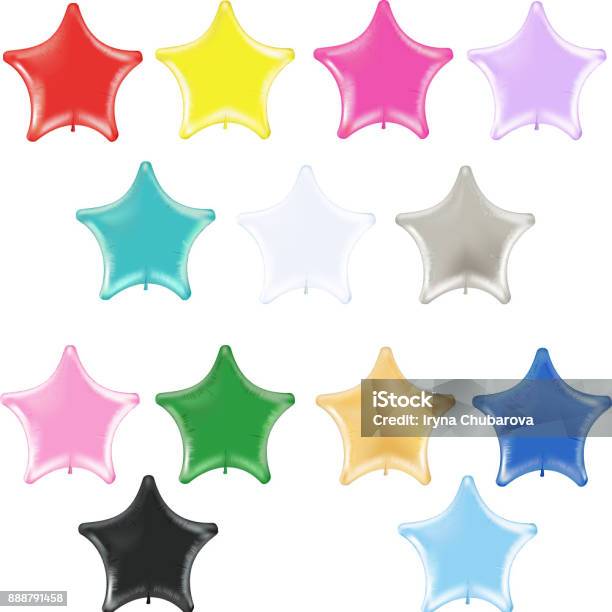 A Set Of Multicolored Foil Star Balloons Stock Illustration - Download Image Now - Balloon, Fuchsia Flower, Blue