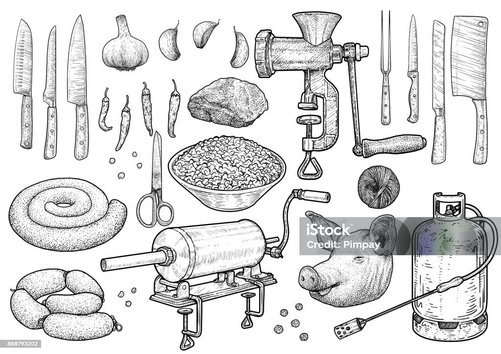 Illustration d’outils abattage cérémonie, dessin, gravure, encre, dessin au trait, vecteur - clipart vectoriel de Saucisse libre de droits