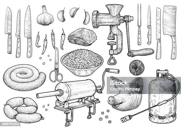 Illustration Doutils Abattage Cérémonie Dessin Gravure Encre Dessin Au Trait Vecteur Vecteurs libres de droits et plus d'images vectorielles de Saucisse