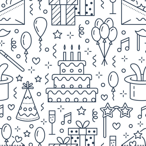 생일 파티 완벽 한 패턴, 평면 선 그림입니다. 벡터 아이콘 이벤트 기관, 웨딩 조직-의 케이크, 풍선, 선물, 초대, 아이 엔터테인먼트. 귀여운 반복된 배경 - birthday child celebration party stock illustrations