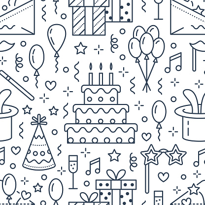 istock Birthday party seamless pattern, flat line illustration. Vector icons of event agency, wedding organization - cake, balloons, gifts, invitation, kids entertainment. Cute repeated background 888794812