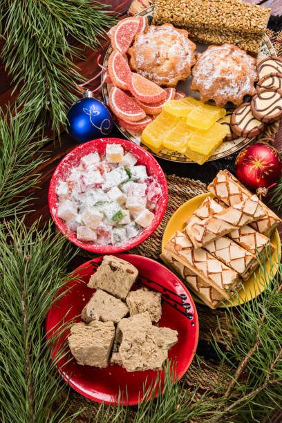 istock Sweets and decorations on the New Year table 888796208
