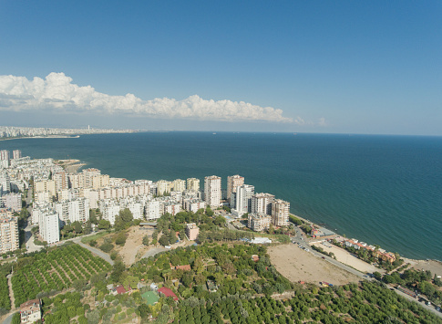 Drone view of buildings on the coast of the Mediterranean Sea