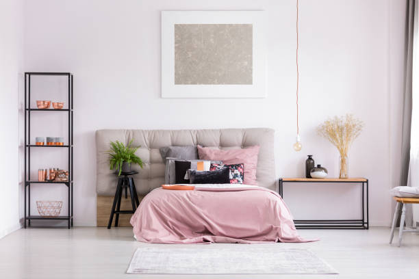 istock Stylish bedroom with metallic design 888818438