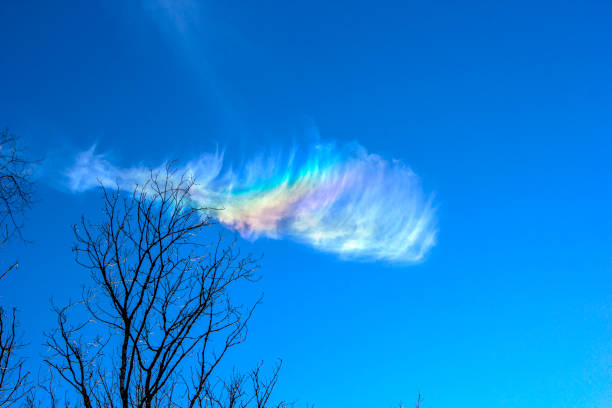 A blue sky and a white cloud, a rainbow, passes through a cloud