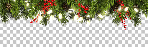 Christmas border with fir branches and pine cones Christmas border with fir branches, pine cones, berries and lights garland decoration stock illustrations