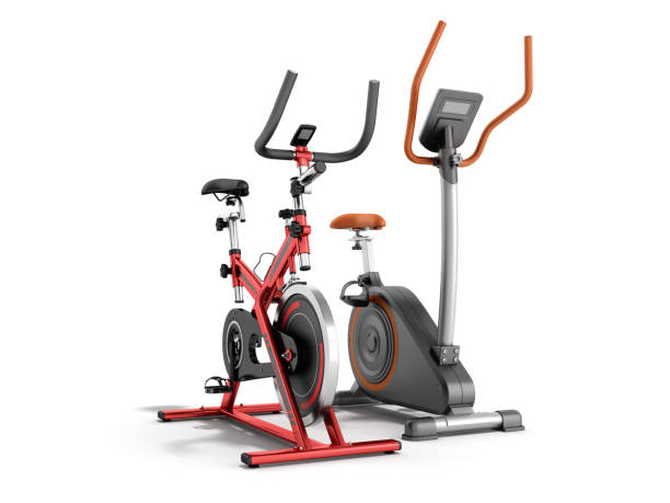 istock Two modern sport exercise bike yellow purple 3d render on white background 888838428
