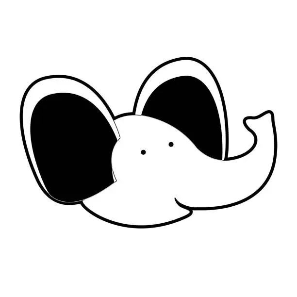 Vector illustration of elephant cartoon head in black silhouette with thick contour