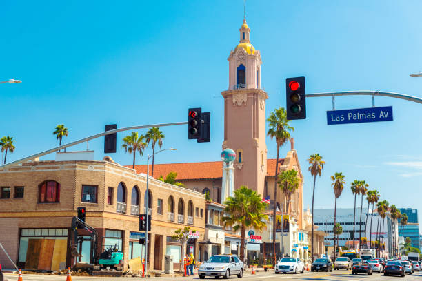 Los Angeles, California, USA - September 5, 2017: Las Palmas Avenue crossing Sunset Boulevard in, Hollywood, Los Angeles with Blessed Sacrament Catholic Church