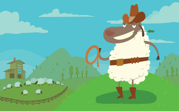 ilustrações de stock, clip art, desenhos animados e ícones de card, funny sheep with a lasso - lamb isolated meat animal bone