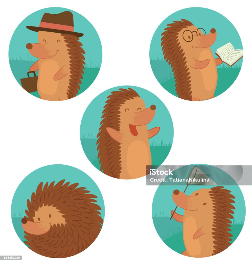 Set of round frames with funny brown hedgehogs Vector set of round frames with cartoon images of funny brown hedgehogs: laughing, in hat with a briefcase, in glasses with a book, with a butterfly net and curled up into a ball on a white background Animal stock vector