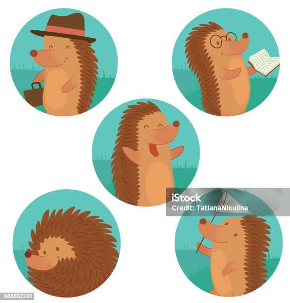 Set Of Round Frames With Funny Brown Hedgehogs Stock Illustration - Download Image Now - Animal, Animal Wildlife, Book