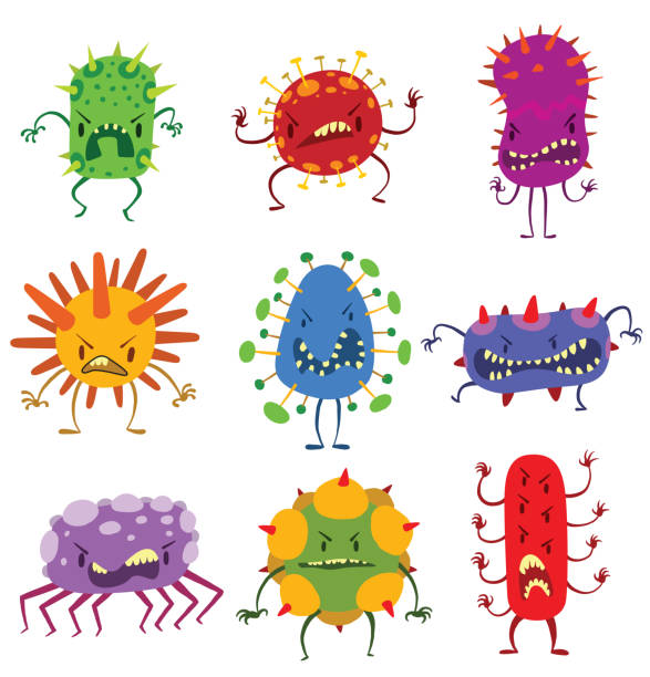 illustrazioni stock, clip art, cartoni animati e icone di tendenza di set di batteri divertenti - bacterium