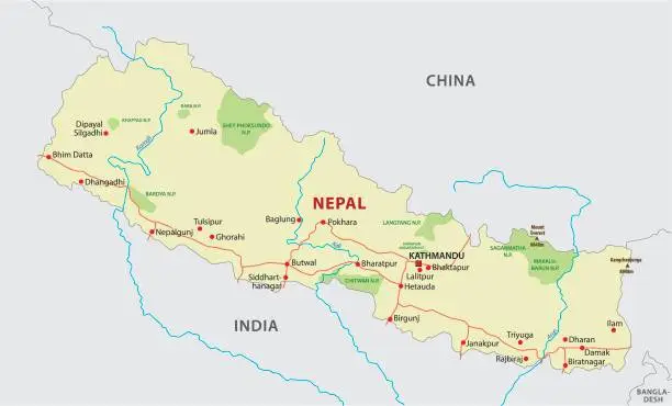 Vector illustration of nepal road and national park map