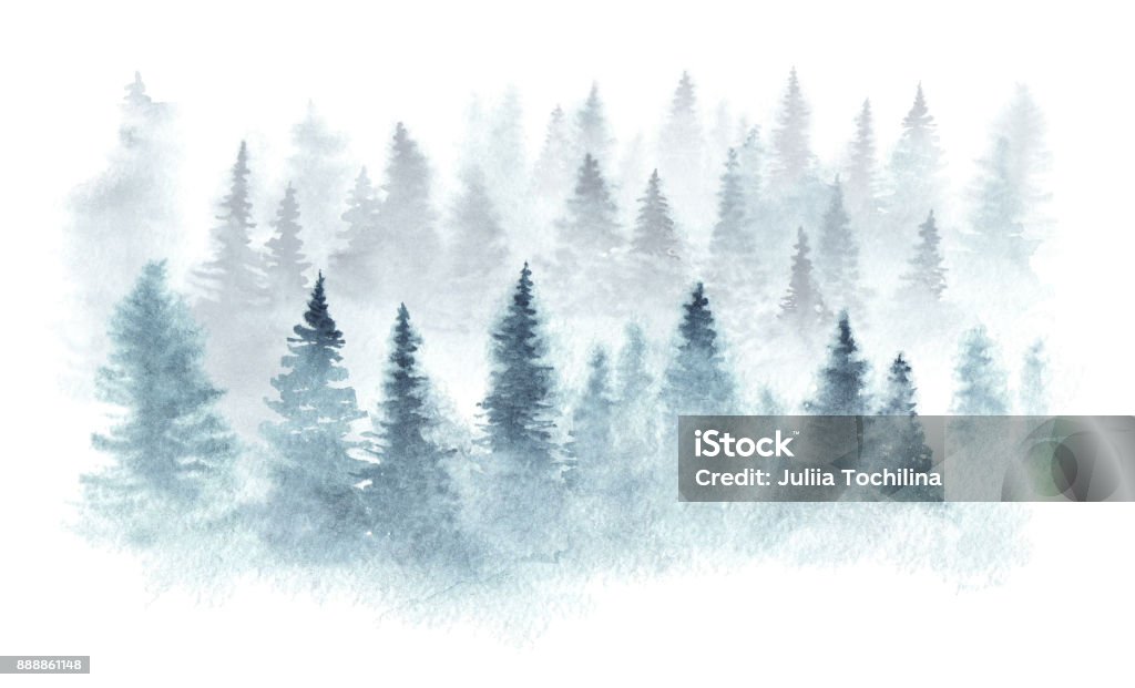 Watercolor landscape Winter forest in a fog painted in watercolor. Watercolor Painting stock illustration