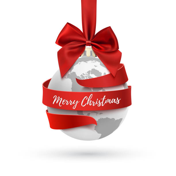 istock Merry Christmas, earth icon with red bow and ribbon. 888866386