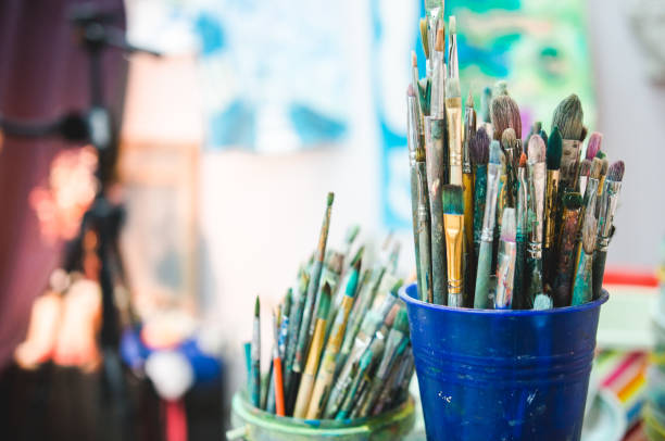 istock Painting Studio tools. Set of artistic multicolor brushes 888867374