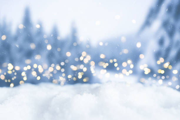 snowy winter christmas bokeh background with circular lights and trees - tree lights imagens e fotografias de stock