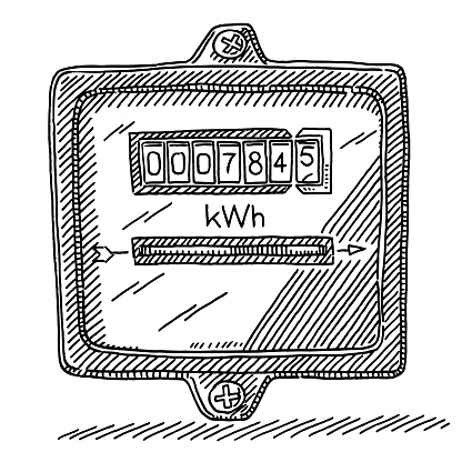 Hand-drawn vector drawing of an Electricity Meter. Black-and-White sketch on a transparent background (.eps-file). Included files are EPS (v10) and Hi-Res JPG.