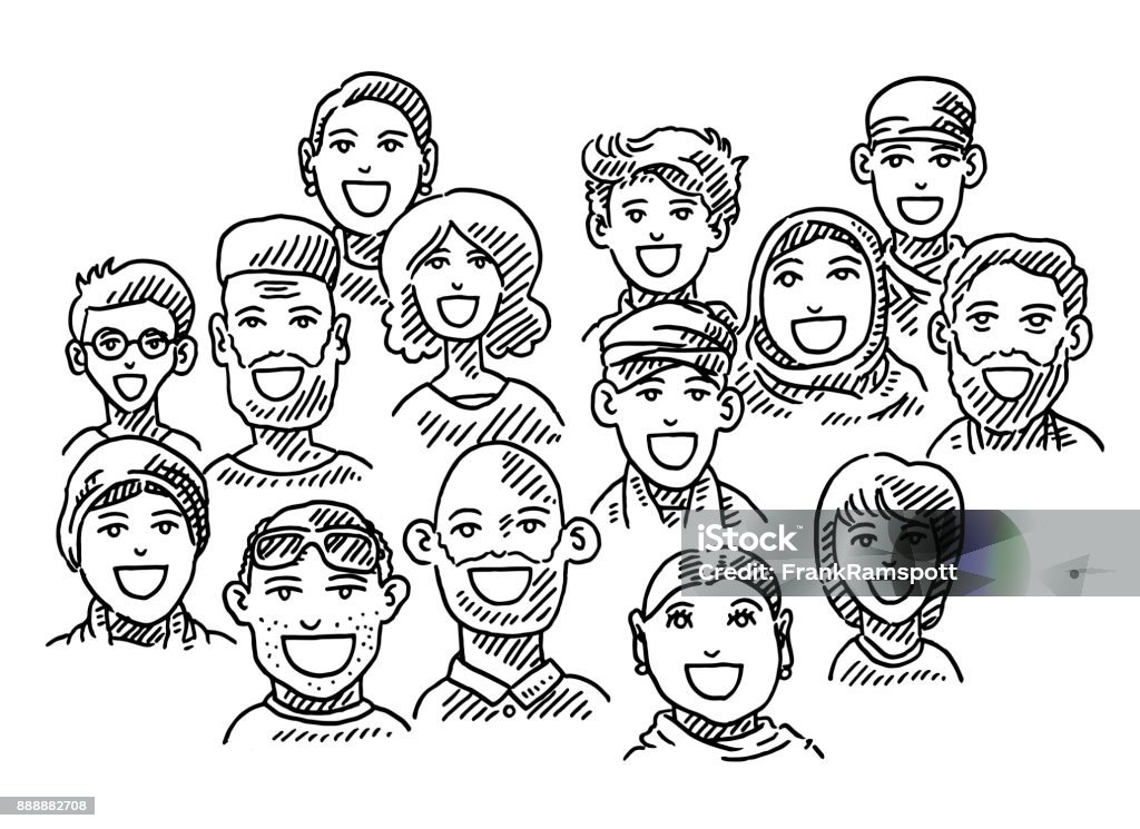 Ethnic Diversity Group Of People Drawing Hand-drawn vector drawing of an Ethnic Diversity, Group Of People. Black-and-White sketch on a transparent background (.eps-file). Included files are EPS (v10) and Hi-Res JPG. People stock vector
