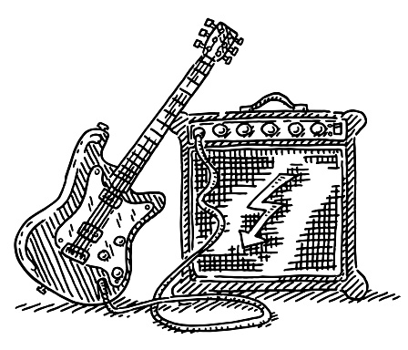 Hand-drawn vector drawing of an Electric Guitar And an Amplifier. Black-and-White sketch on a transparent background (.eps-file). Included files are EPS (v10) and Hi-Res JPG.