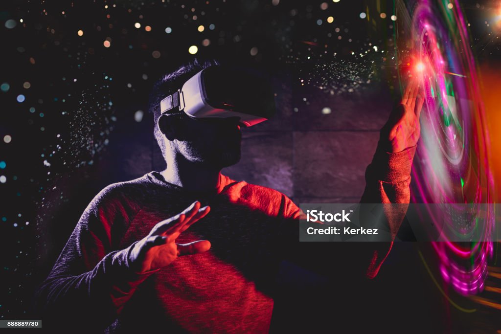 Men using virtual reality glasses Technological concept men using virtual reality glasses Virtual Reality Simulator Stock Photo