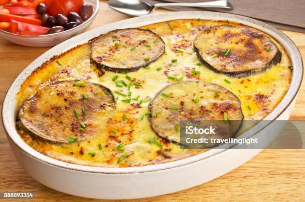 Greek Dish Moussaka Stock Photo - Download Image Now - Baked, Bowl, Cooked