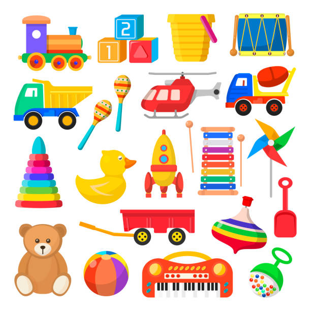 ilustraciones, imágenes clip art, dibujos animados e iconos de stock de sistema del juguete del bebé - juegos de preescolar
