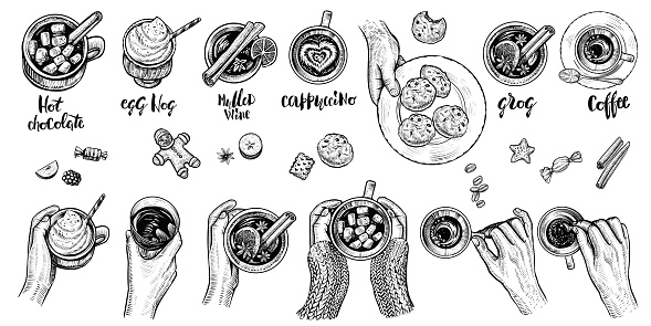 Hot drinks with holding hands top view, vector illustration. Winter or autumn cold season beverages: hot chocolate, coffe, mulled wime, egg nog, cappuccino, grog and cookies. Hygge style drawing.