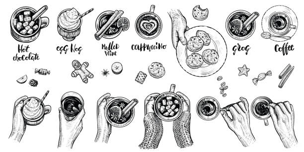 Hot drinks with holding hands top view, vector illustration. Set of hand drawn beverages. Hot drinks with holding hands top view, vector illustration. Winter or autumn cold season beverages: hot chocolate, coffe, mulled wime, egg nog, cappuccino, grog and cookies. Hygge style drawing. christmas eggnog stock illustrations