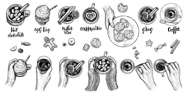 Vector illustration of Hot drinks with holding hands top view, vector illustration. Set of hand drawn beverages.