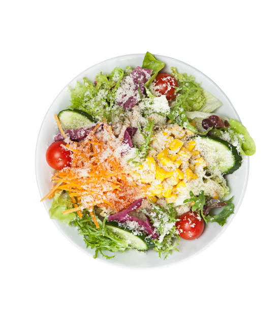 istock Salad with cheese and fresh vegetables isolated on white background 888900142