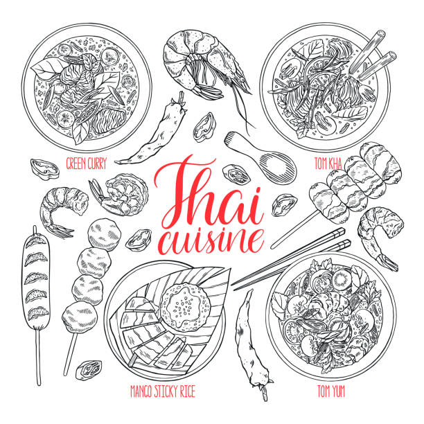 ilustrações de stock, clip art, desenhos animados e ícones de set of thai cuisine - thailand thai culture thai cuisine vector