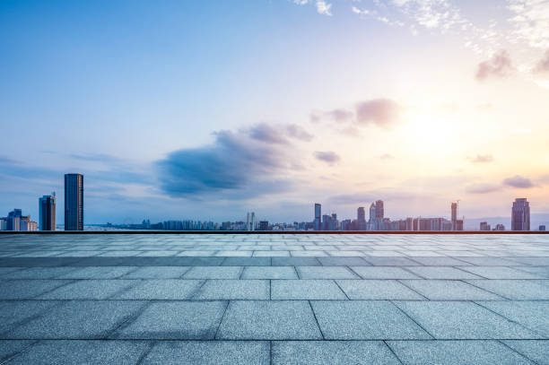 istock empty marble floor with cityscape and skyline in cloud sky 888914446