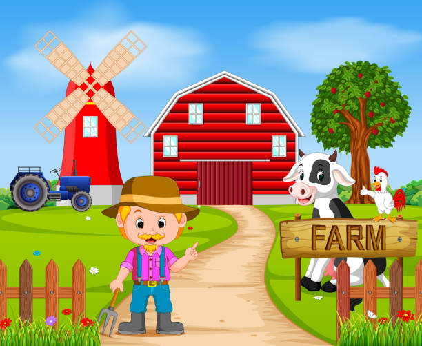 illustrazioni stock, clip art, cartoni animati e icone di tendenza di scene di fattoria con molti animali e agricoltori - 3502