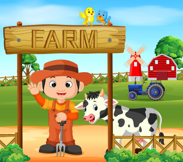 ilustraciones, imágenes clip art, dibujos animados e iconos de stock de escenas de granja con muchos animales y los agricultores - 3504